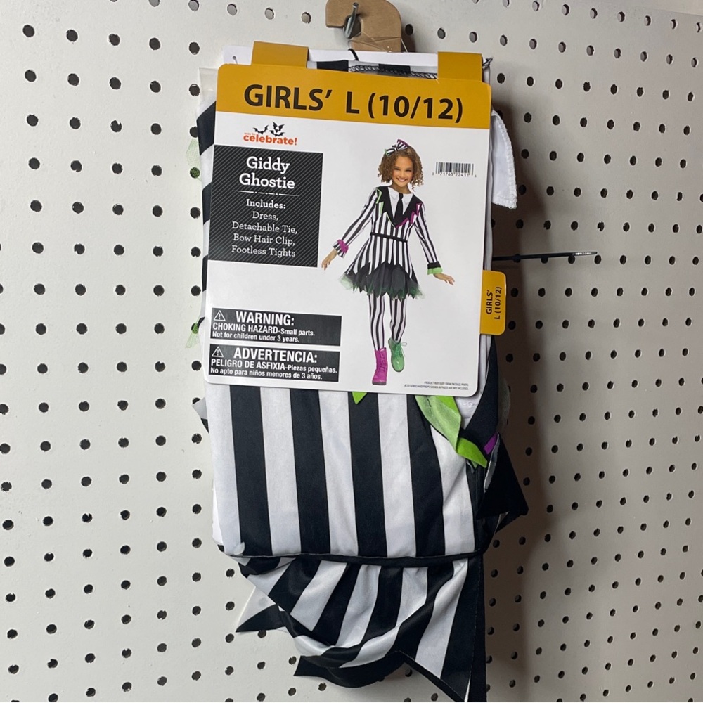 NWT Giddy Ghostie Costume with Black and White Stripes (Girls’ Large)